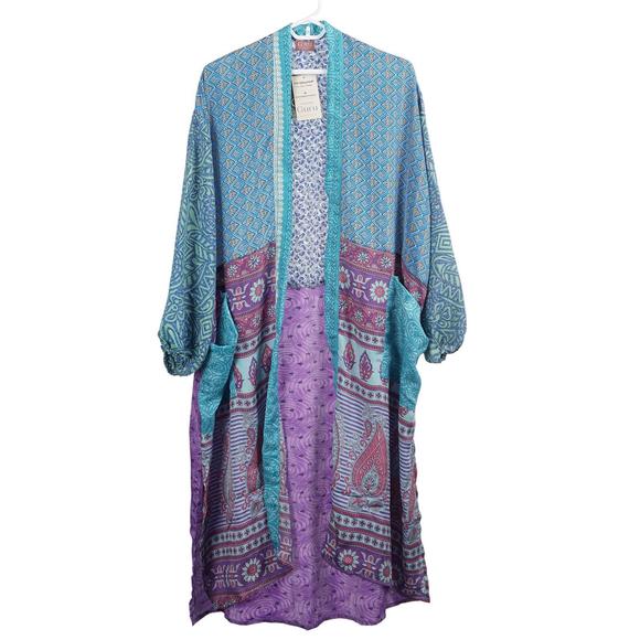 NWT GURU FOR LIFE Kimono Robe O/S Upcycled Saris Silk Mixed Print Pockets - Picture 3 of 14